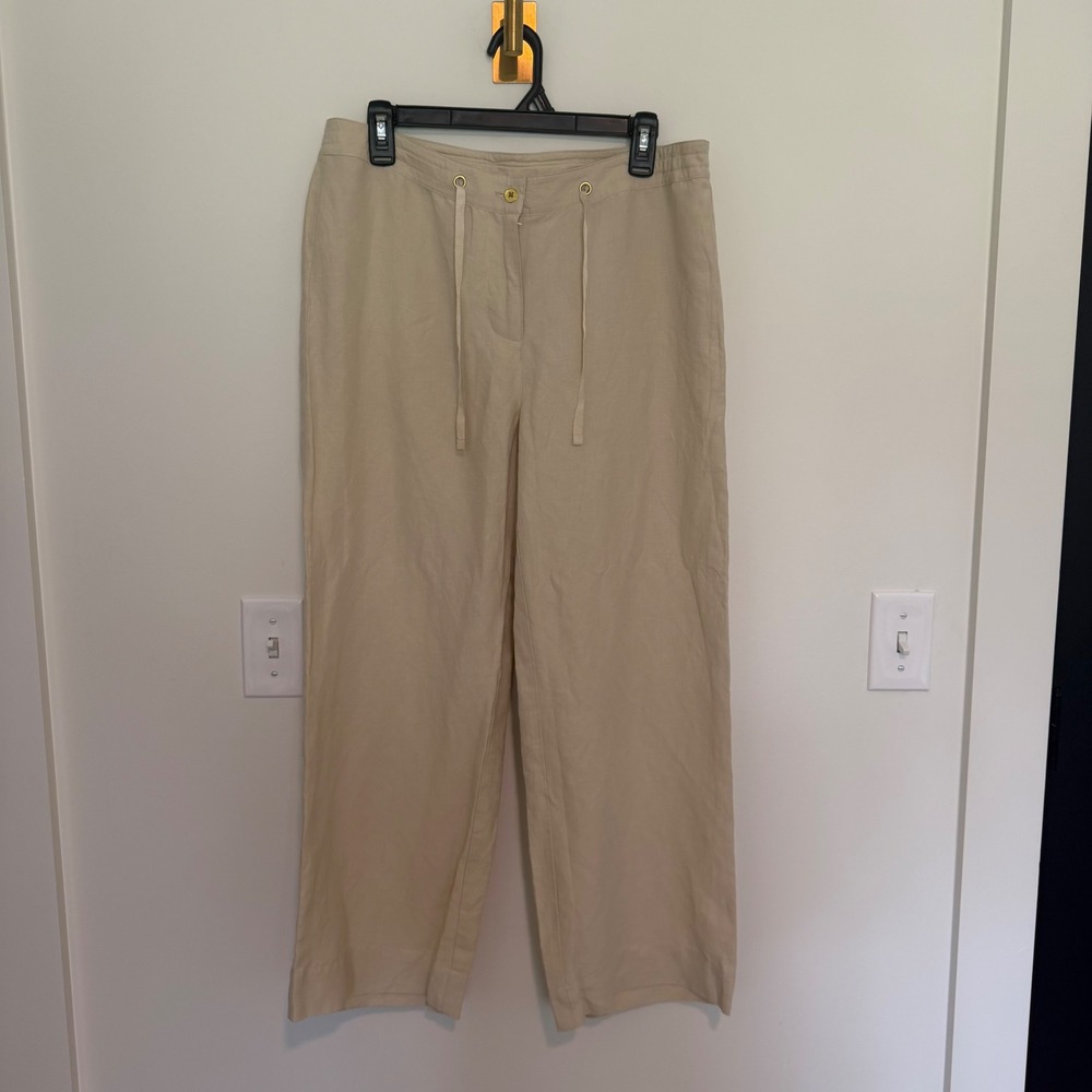 WinterSilks Beige Silk Linen Wide Leg Drawstring Pants Womens P10 Petite Sand